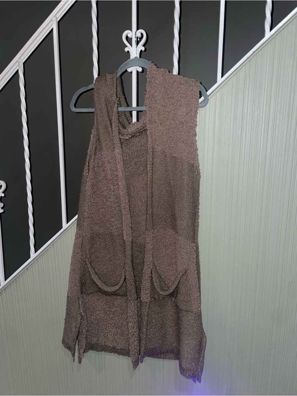 Roffe Accessories Brown Patchwork Hooded Vest Metallic Shimmer Boucle One Size